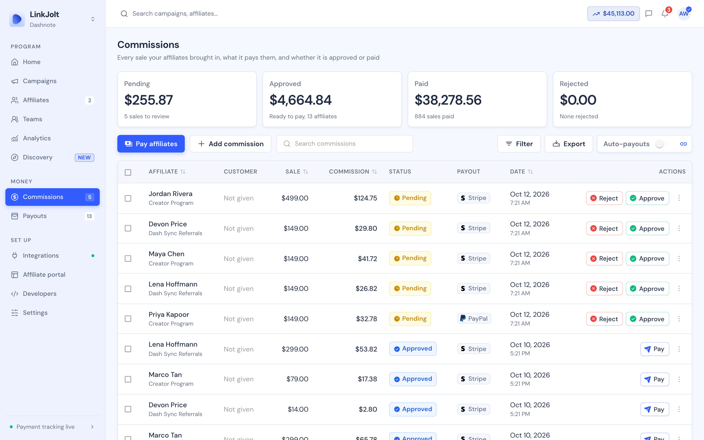 LinkJolt Commissions: Each sale an affiliate brought in, with Approve and Reject in the row.
