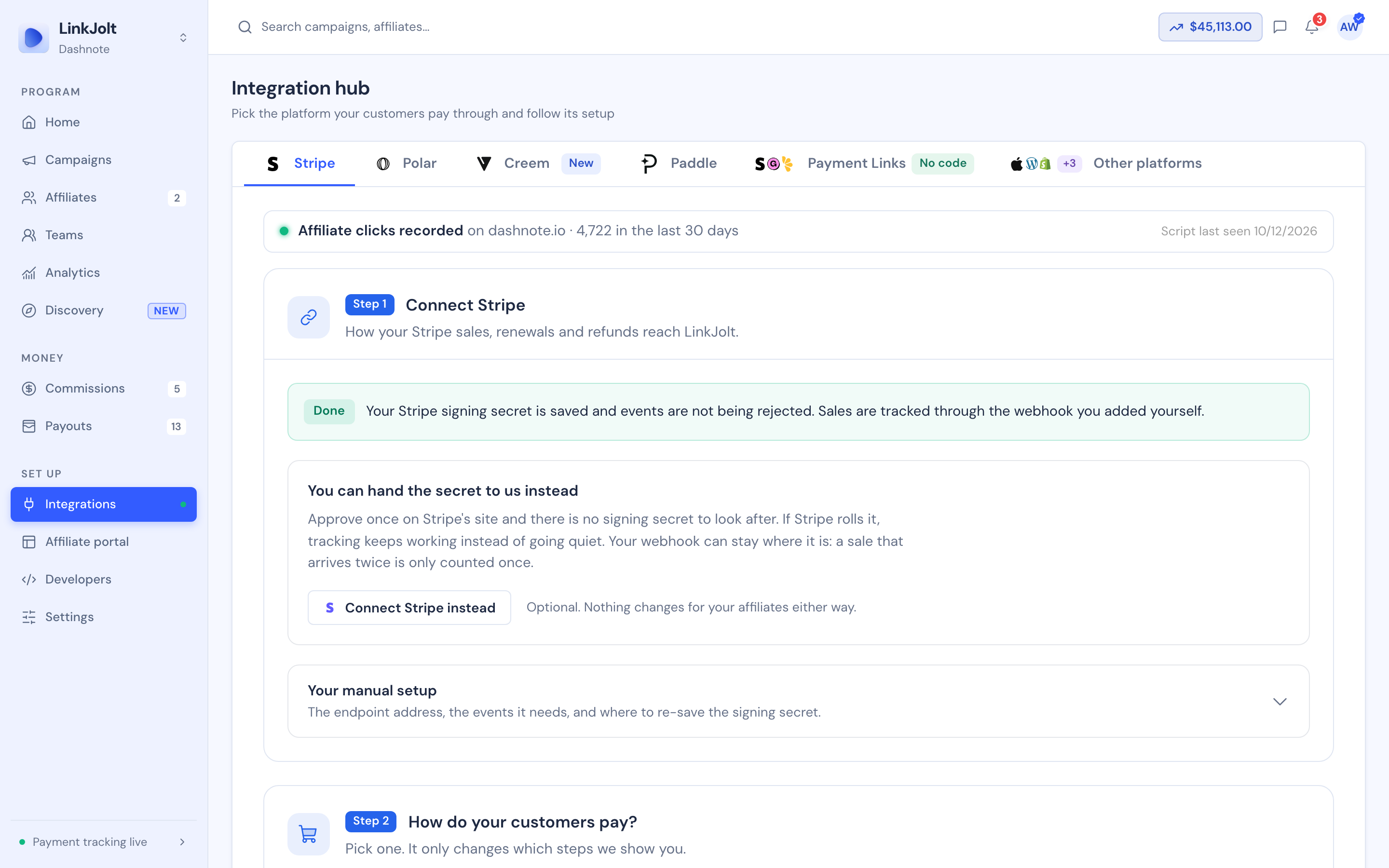 LinkJolt Integrations: The Integration hub with Stripe, Polar, Creem, Paddle and more, and affiliate clicks recorded on the merchant’s site.