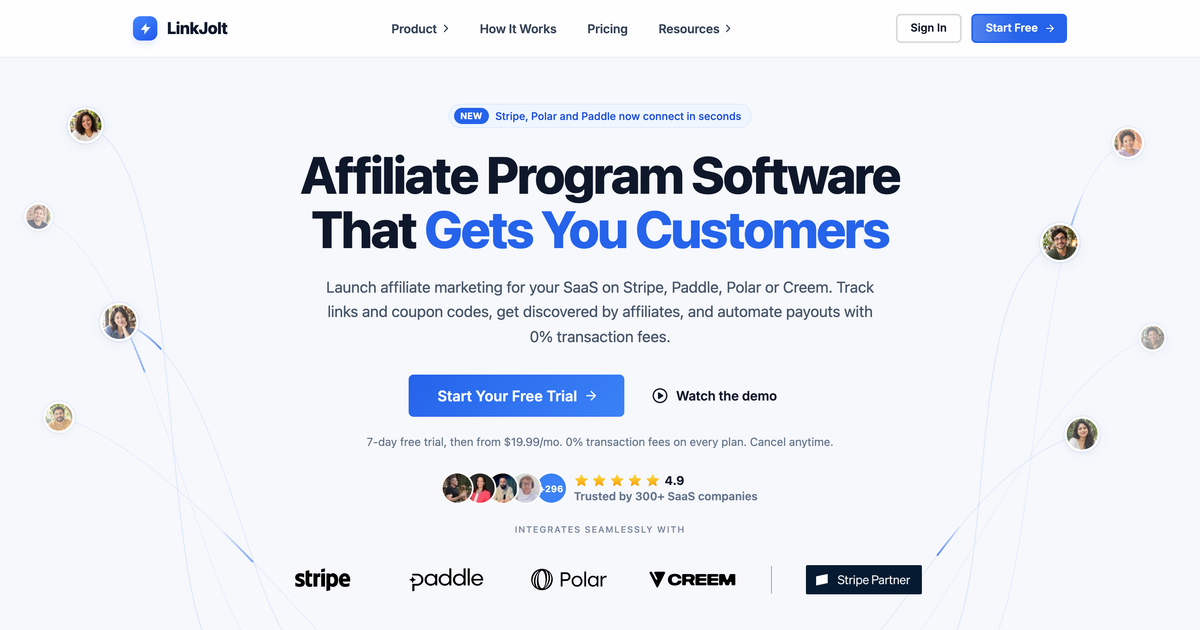 The LinkJolt homepage: affiliate program software for SaaS